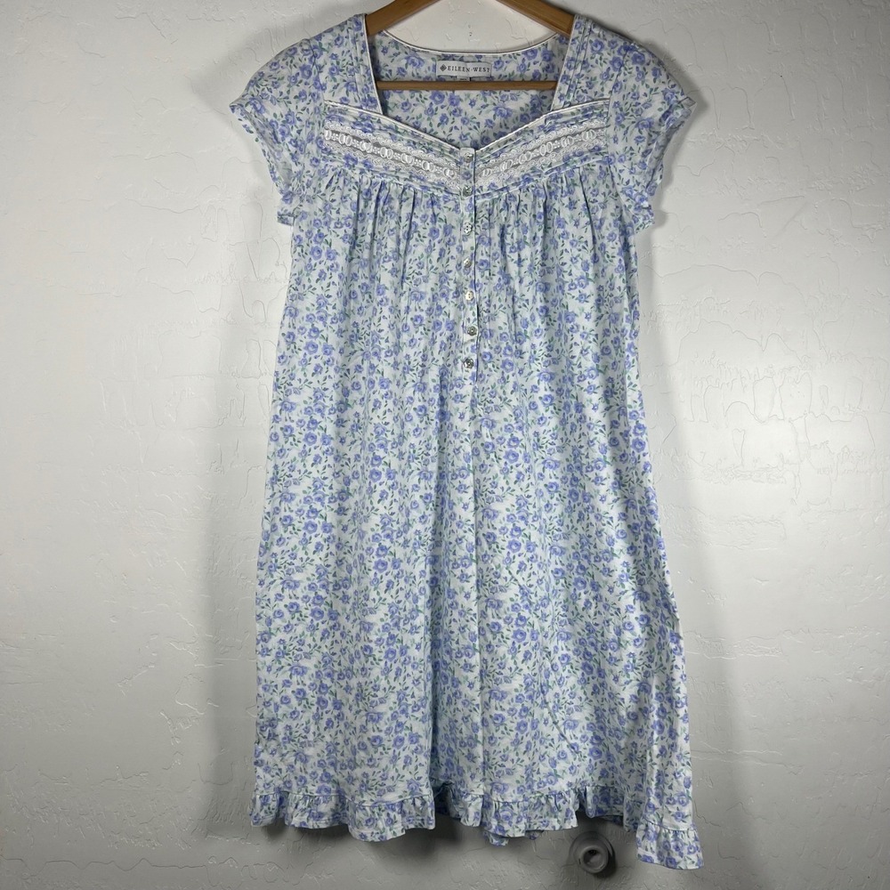 Eileen West Cotton Nightgown XS Blue Floral Lace Trim Flower Buttons dainty